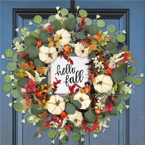 18 Inch Fall Wreath - Autumn Pumpkin & Eucalyptus‎ Wreath for Door, Mantel, Wall - Picture 1 of 7